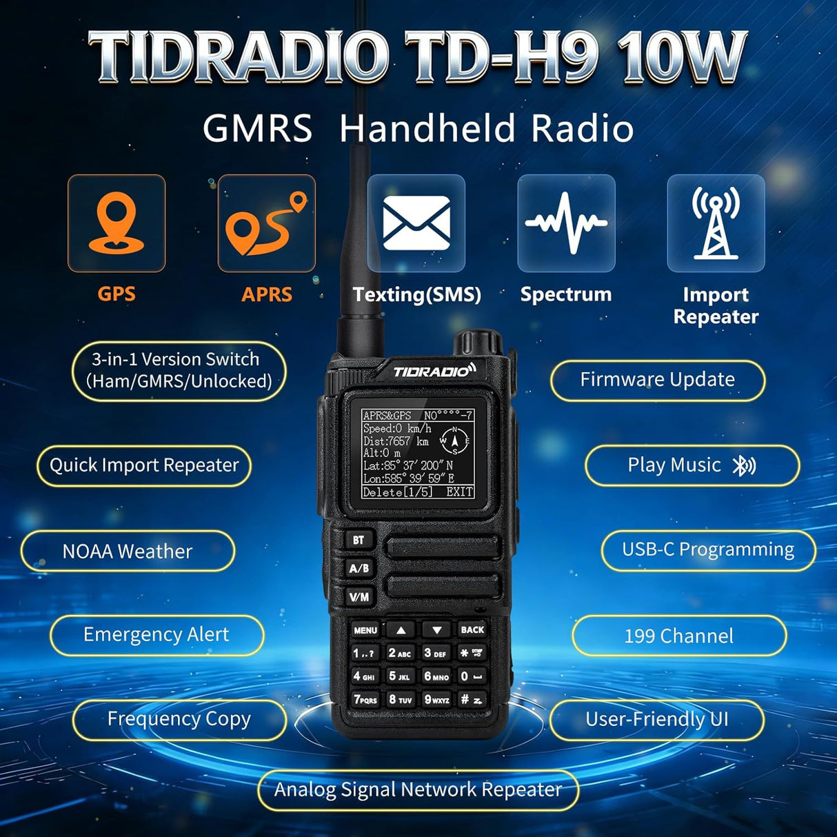 TIDRADIO TD-H9 10Watt GPS/APRS GMRS Handheld Radio,Spectrum TIDRadio