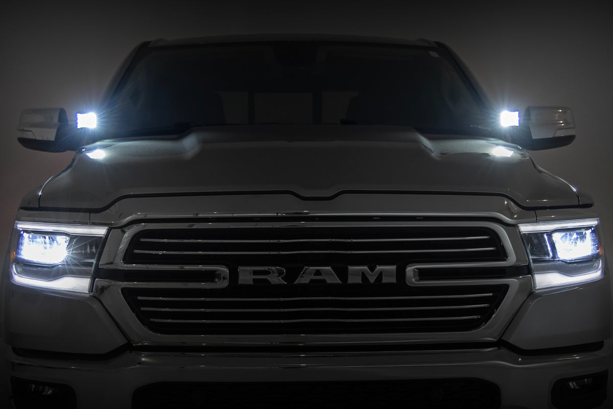 LED Light Kit Ditch Mount 2 Inch Black Pair White DRL Ram 1500 (19-26) Rough Country