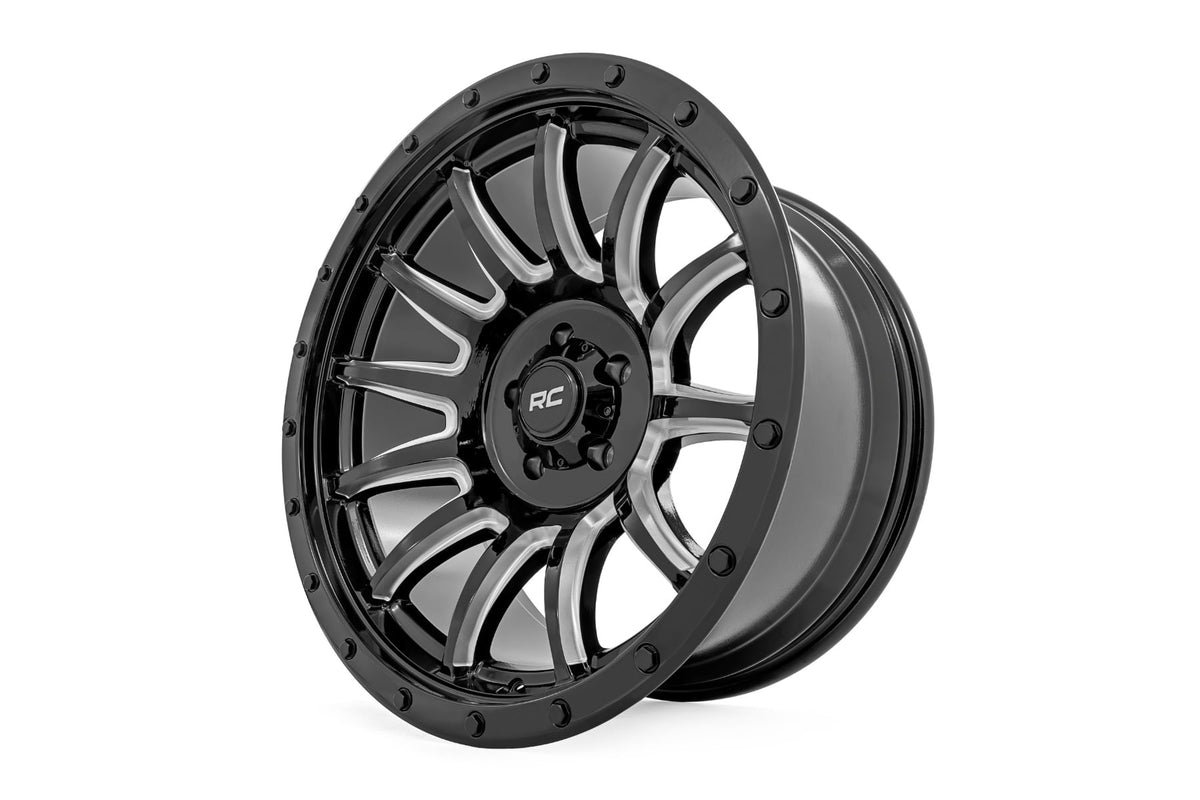 90 Series Wheel One-Piece Gloss Black w/machined spokes 20x9 6x5.5 -12mm Rough Country