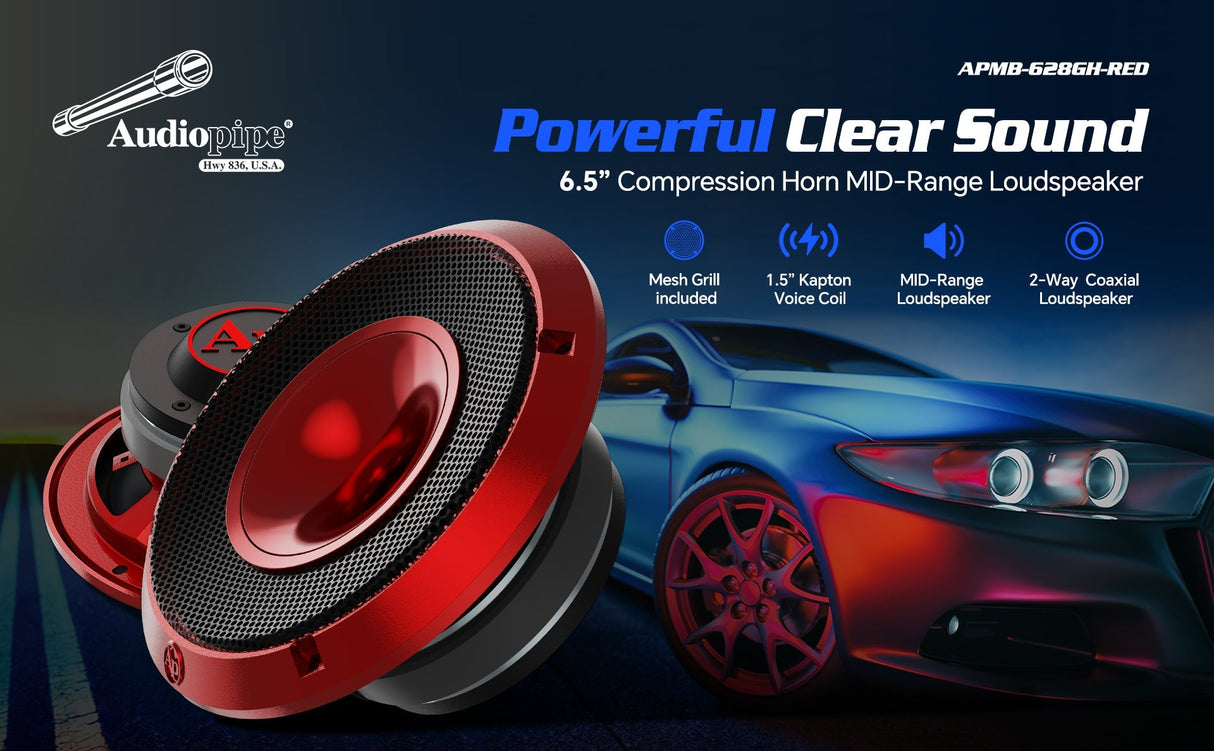 6.5" Compression Horn Mid-Range Loudspeaker (APMB-628GH-RED), Sold individually Audiopipe