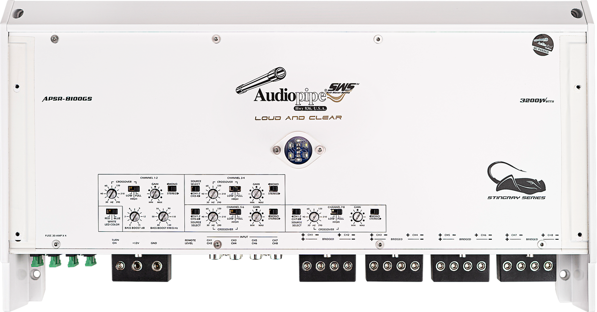 APSR-8100GS - 3200W 8-Channel Class D Marine Amplifier Audiopipe