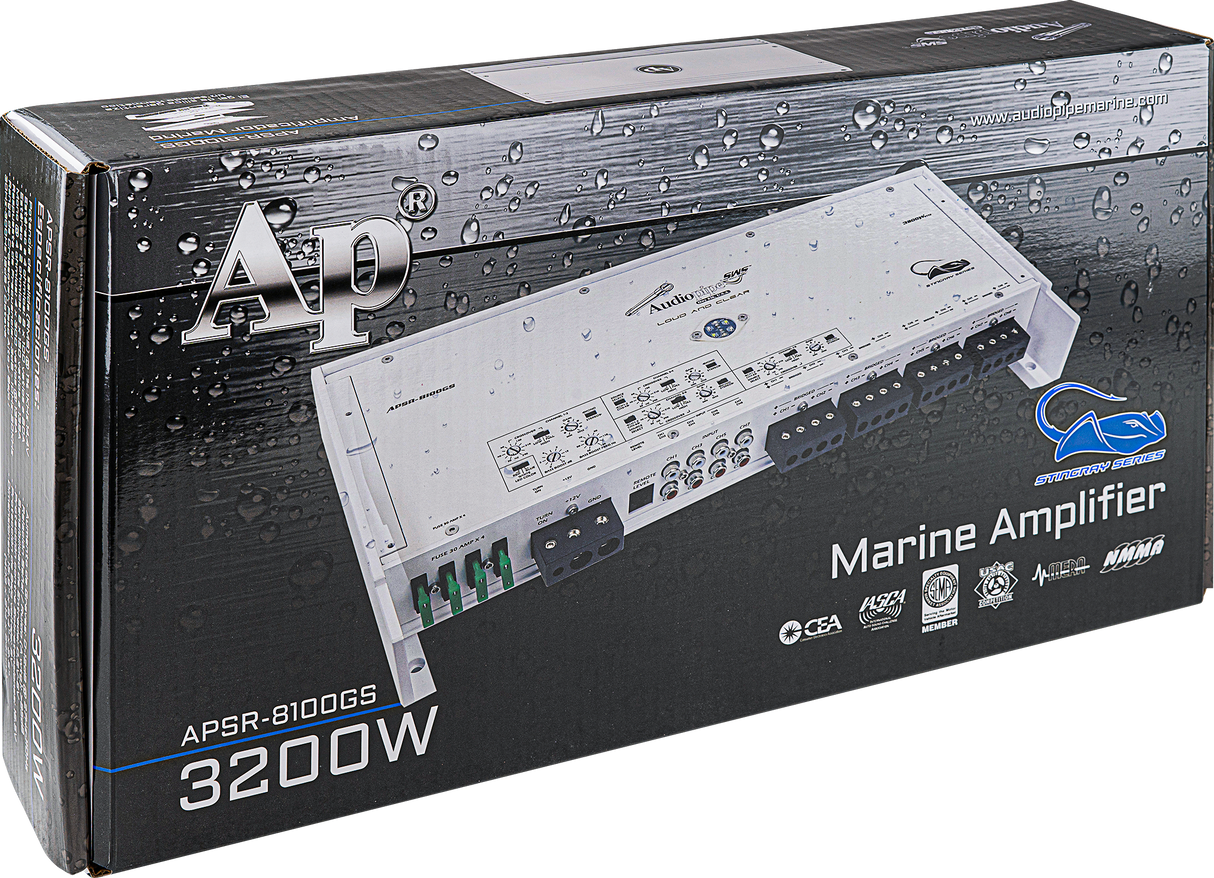 APSR-8100GS - 3200W 8-Channel Class D Marine Amplifier Audiopipe