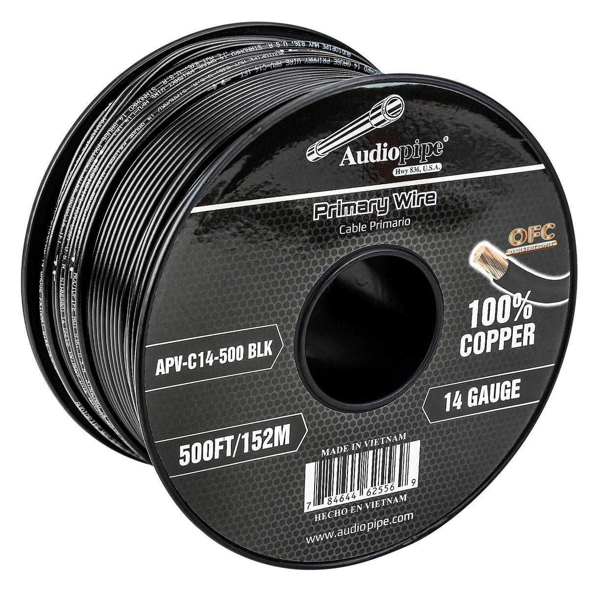 500Ft 14 Gauge Black Primary Wire (APV-C14-500 BLK) Audiopipe