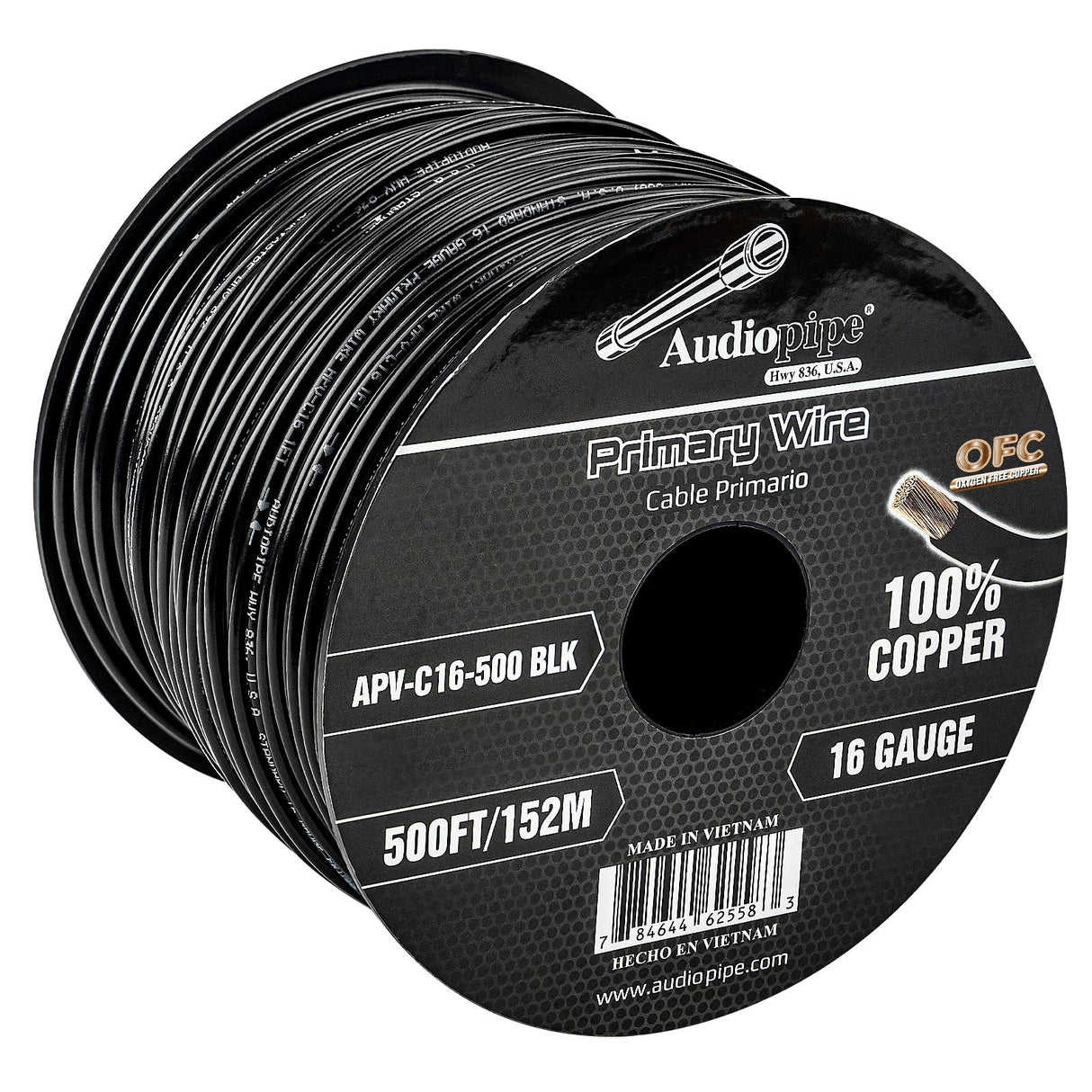 500Ft 16 Gauge Black Primary Wire (APV-C16-500 BLK) Audiopipe
