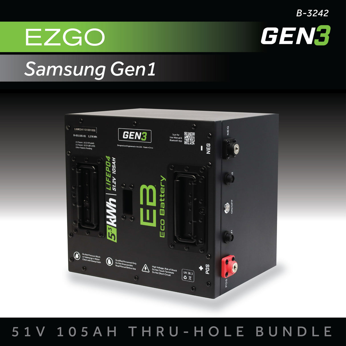 Eco Battery (48V) 51V 105AH Thru-Hole Battery Bundle / EZGO RXV Samsung Gen1 (2017-2021)