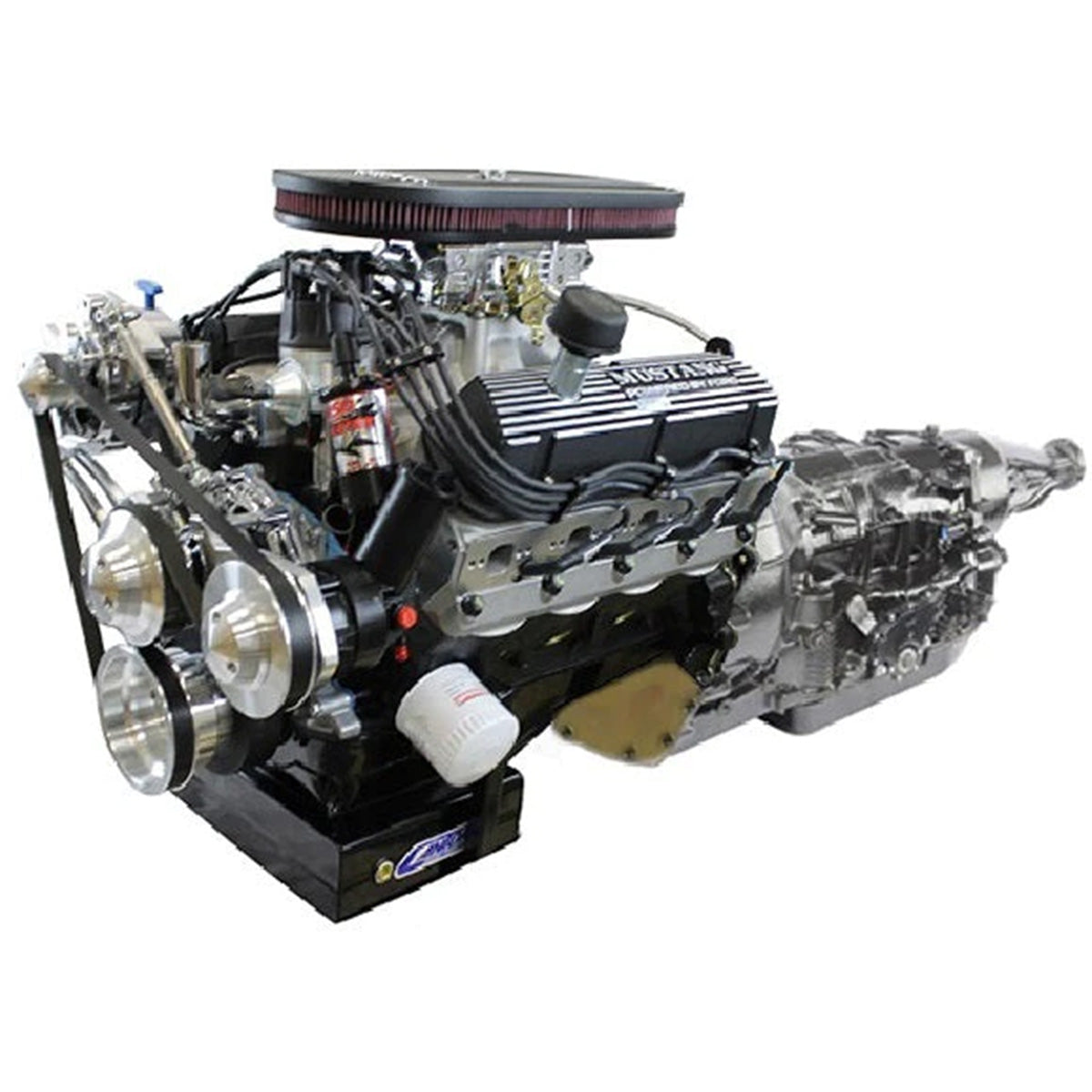 Ford Small Block Compatible 347 c.i. Engine and 4R70W Automatic Transmission - 415 Horsepower - Mustang Edition Builder Series - Black Pulley Kit - Carbureted