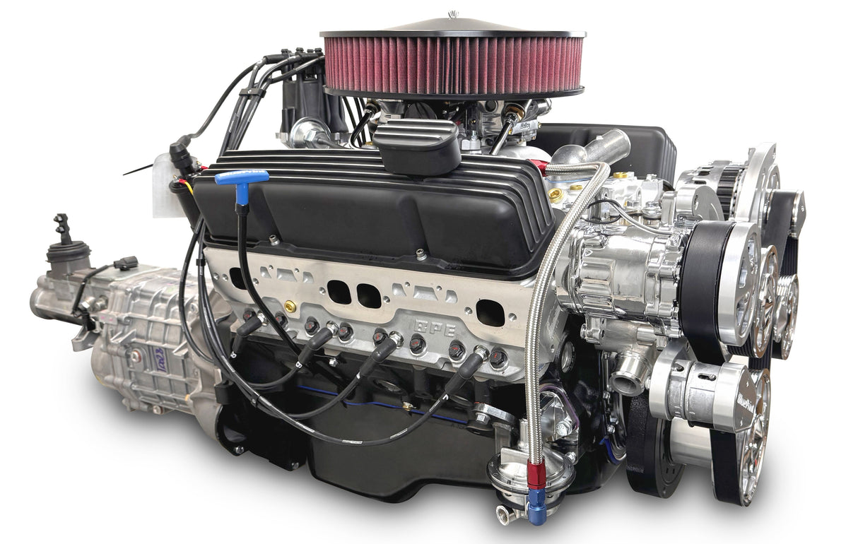 GM Small Block Compatible 383 c.i. Engine and TKX Manual Transmission - 436 Horsepower - Standard Edition Builder Series - Polished Pulley Kit - Carbureted