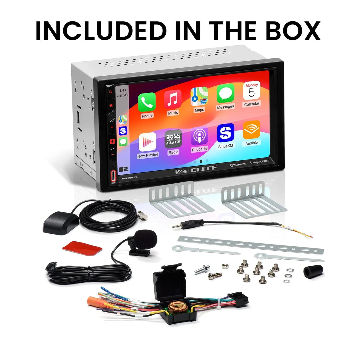 Boss Elite BE7ACP.WXC 7" Double DIN Touchscreen Digital Multimedia Receiver w/ Bluetooth, Wireless Apple CarPlay, Android Auto, and Built-in SiriusXM Ready Boss Elite