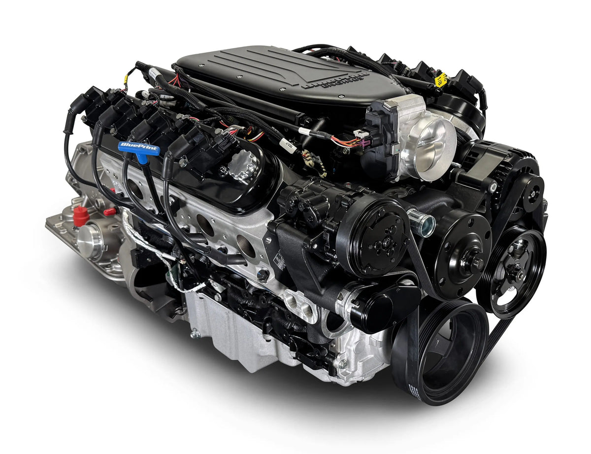 BluePrint Engines BLS3768KB4X4 LS 376 engine and transmission combo with black pulley kit - alternate angle