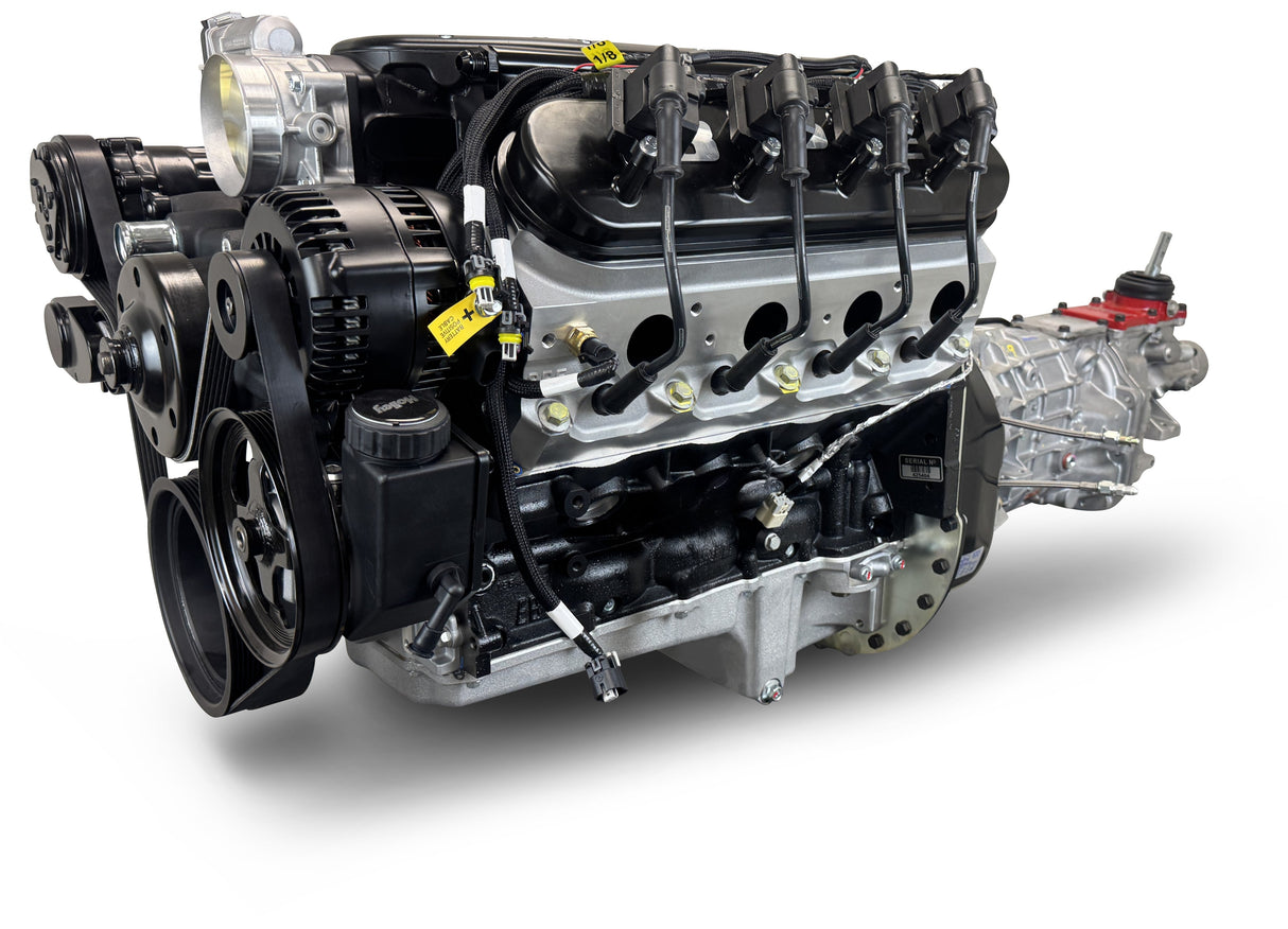 GM LS Compatible 376 c.i. Engine and T56 Manual Transmission - 530 Horsepower - Standard Edition Builder Series - Black Pulley Kit - Holley Terminator X EFI System