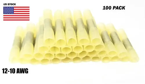 100Pcs Heat Shrink Butt Tube Splice Connector 12-10GA Gauge YELLOW Wire Terminal AC/DC WIRE AND SUPPLY