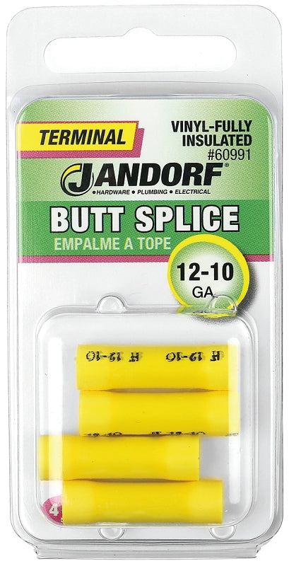 Butt Splice Connector, 12 to 10 AWG Wire, Vinyl Insulation, Yellow #60991 Jandorf