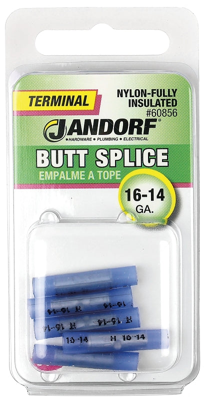 Butt Splice Connector, 16 to 14 AWG Wire, Nylon Insulation, Copper Contact, Blue #60856 Jandorf
