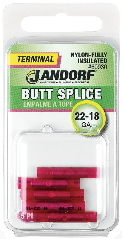 Butt Splice Connector, 22 to 18 AWG Wire, Nylon Insulation, Copper Contact, Red #60930 Jandorf