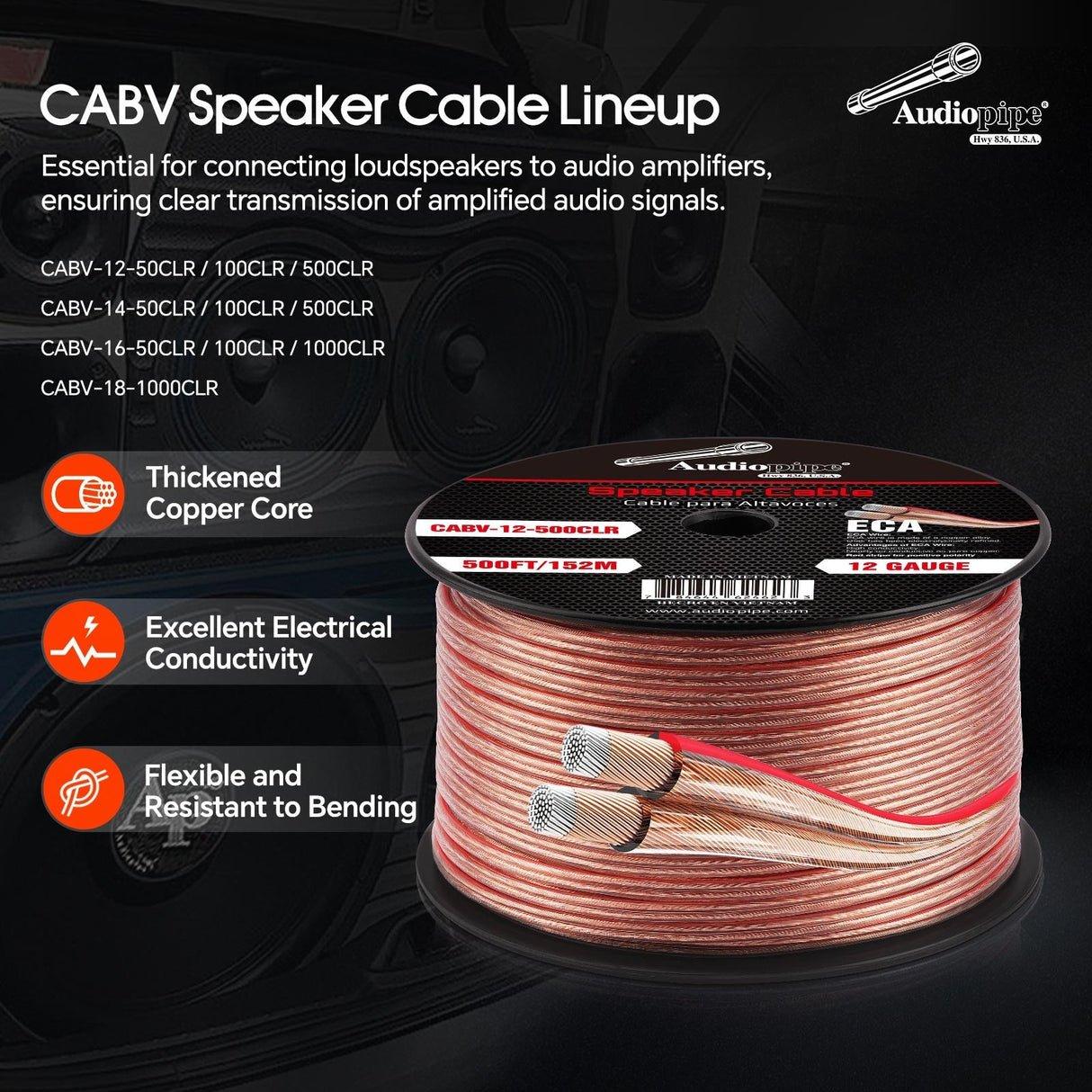 50FT 14AWG Speaker Cable (CABV-14-50CLR) Audiopipe