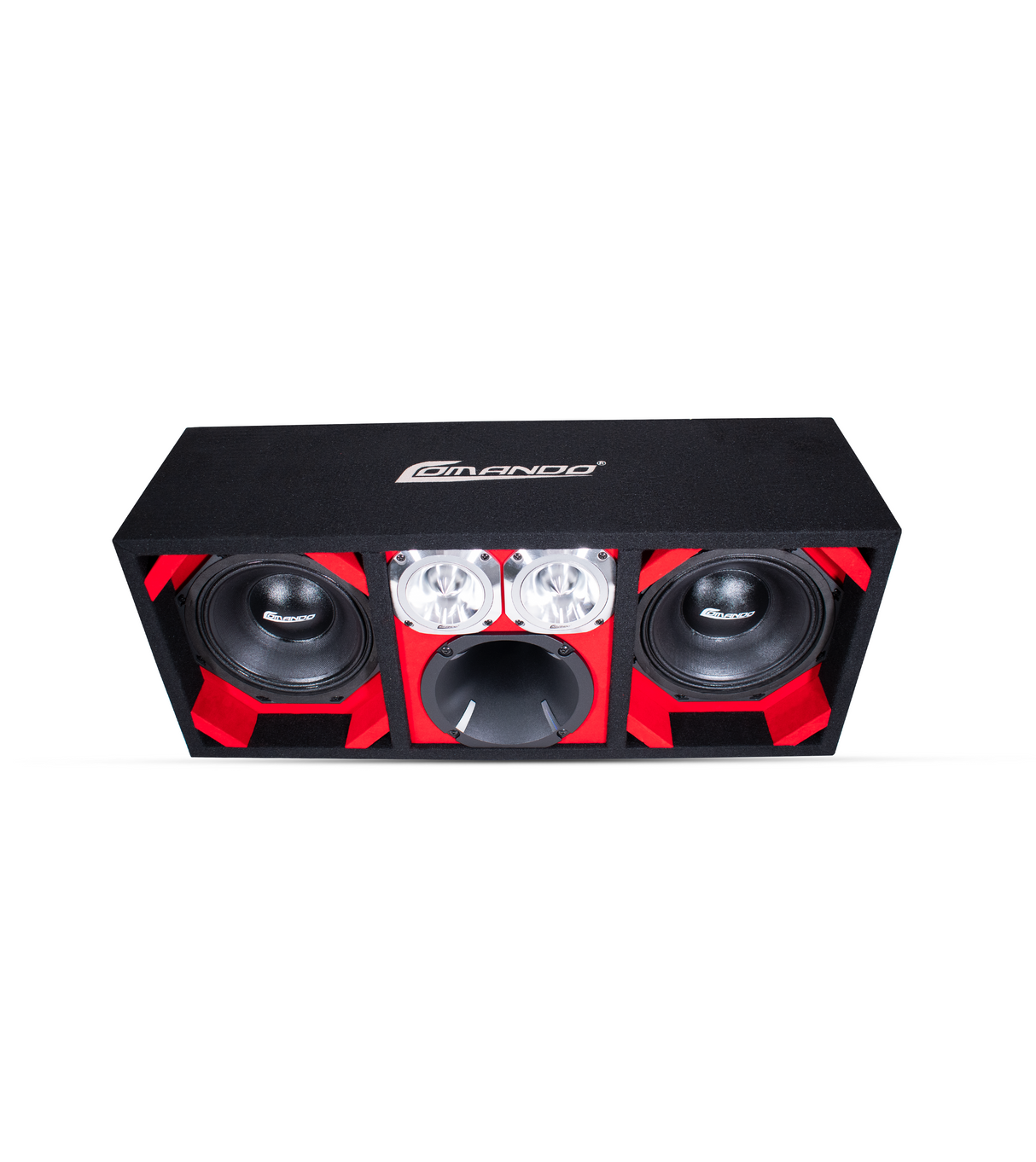 KTPON-208RED / DUAL 8'' RED/BLACK ENCLOSED LOADED PORTED BOX (Tweeters + Driver) Comando Audio Inc.
