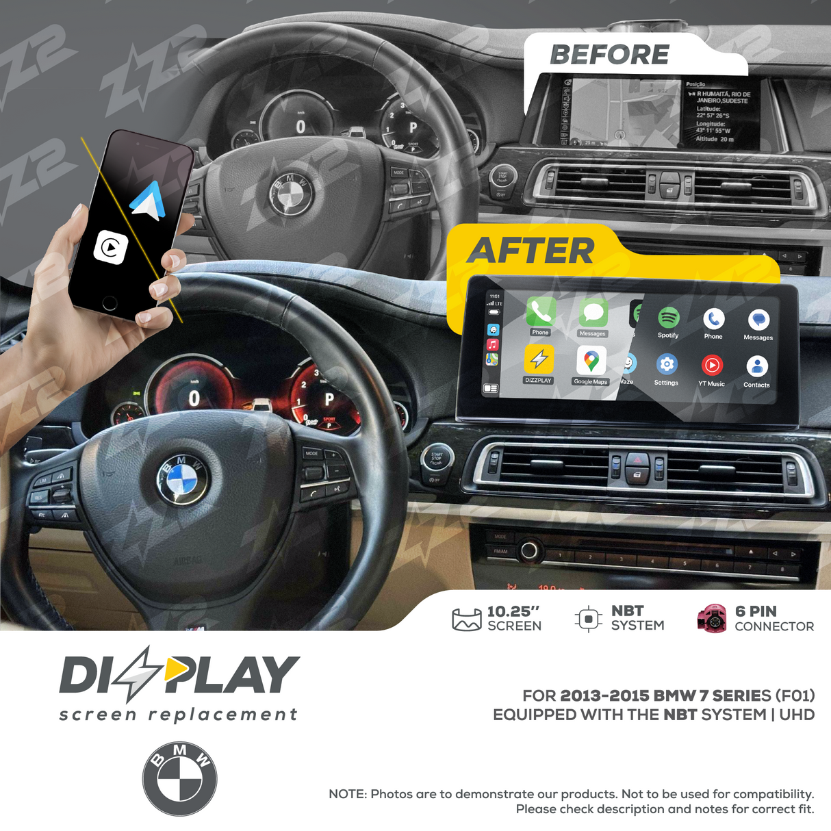 10.25" DIZZPLAY for BMW 7 series (F01) 2013-2015 equipped with the NBT* system. ZZ2