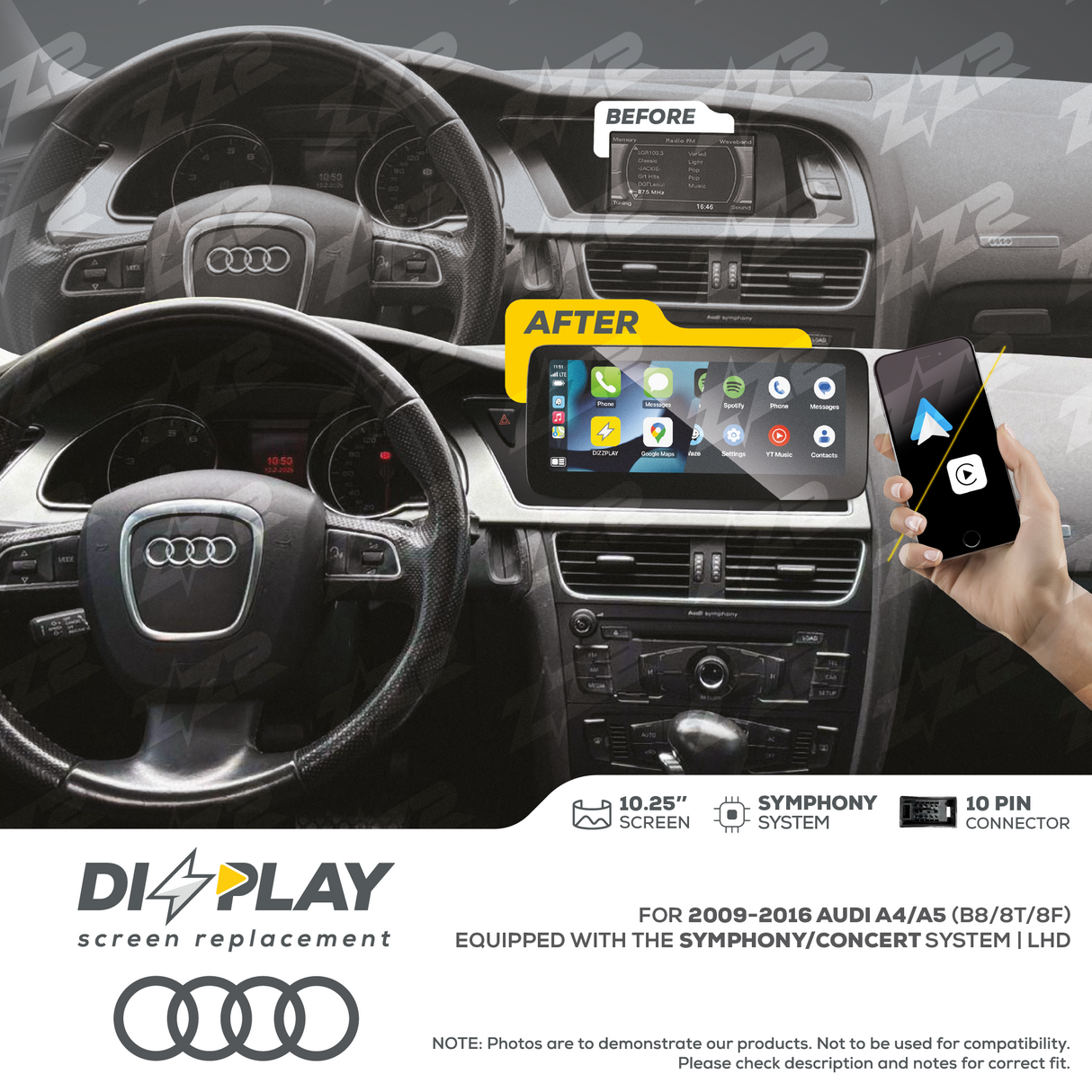 10.25" DIZZPLAY for AUDI A4/S4/A5/S5 (B8/8T/8F) 2009-2016 equipped with the Symphony/Concert system - LHD ZZ2