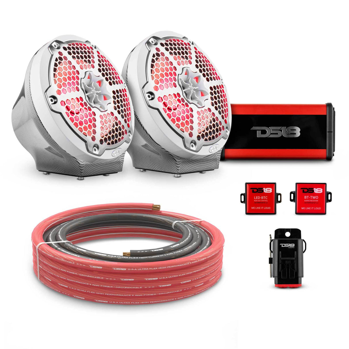 8" Loaded Flat Mount Speaker Pods with Amplifier, Installation Kit and RGB LED Lights, Package for Can-Am Spyder & Ryker DS18