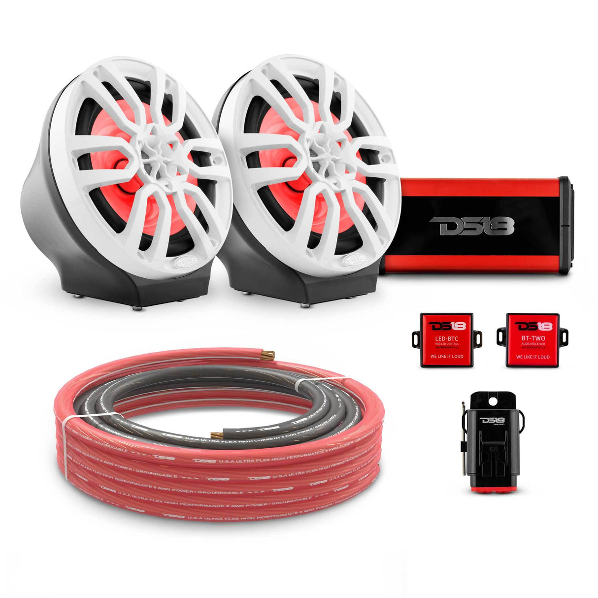 8" Loaded Flat Mount Speaker Pods with Amplifier, Installation Kit and RGB LED Lights, Package for Can-Am Spyder & Ryker DS18