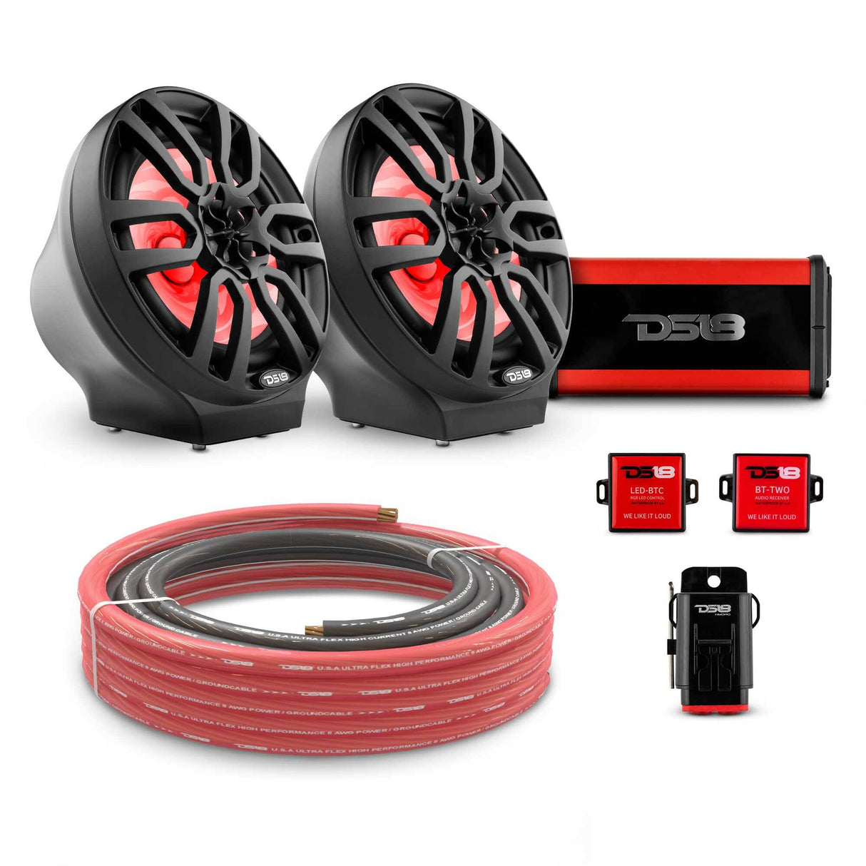 8" Loaded Flat Mount Speaker Pods with Amplifier, Installation Kit and RGB LED Lights, Package for Can-Am Spyder & Ryker DS18