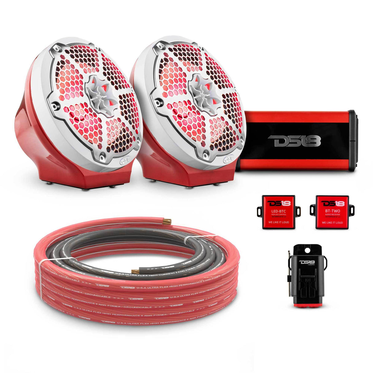 8" Loaded Flat Mount Speaker Pods with Amplifier, Installation Kit and RGB LED Lights, Package for Can-Am Spyder & Ryker DS18