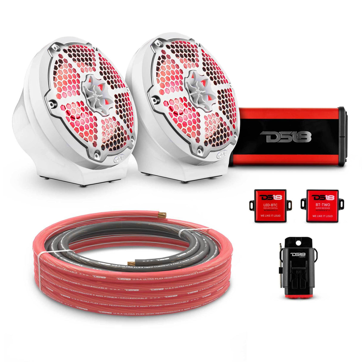 8" Loaded Flat Mount Speaker Pods with Amplifier, Installation Kit and RGB LED Lights, Package for Can-Am Spyder & Ryker DS18