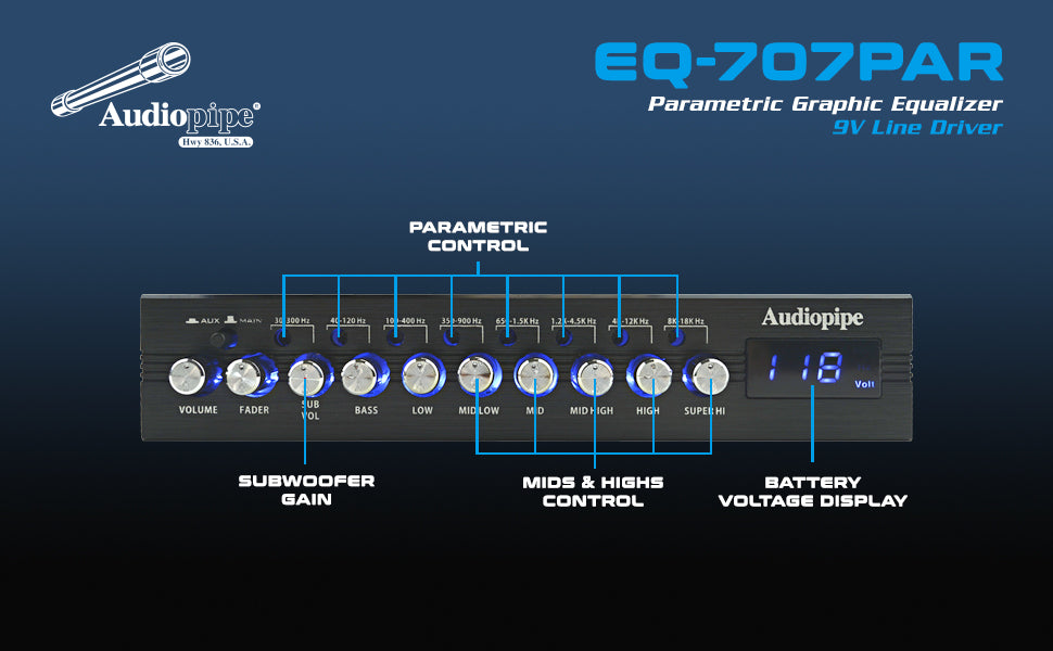 Audiopipe 7 Band Parametric Graphic Equalizer with 9V Line Driver (EQ-707PAR) Audiopipe