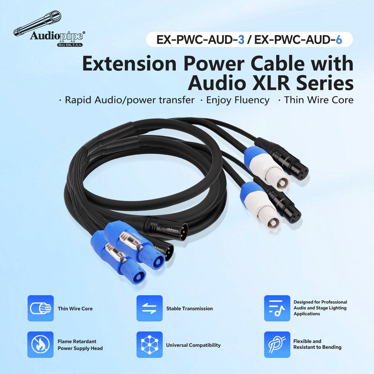 6Ft Extension Power Cable with Audio XLR Connectors (EX-PWC-AUD-6) Audiopipe