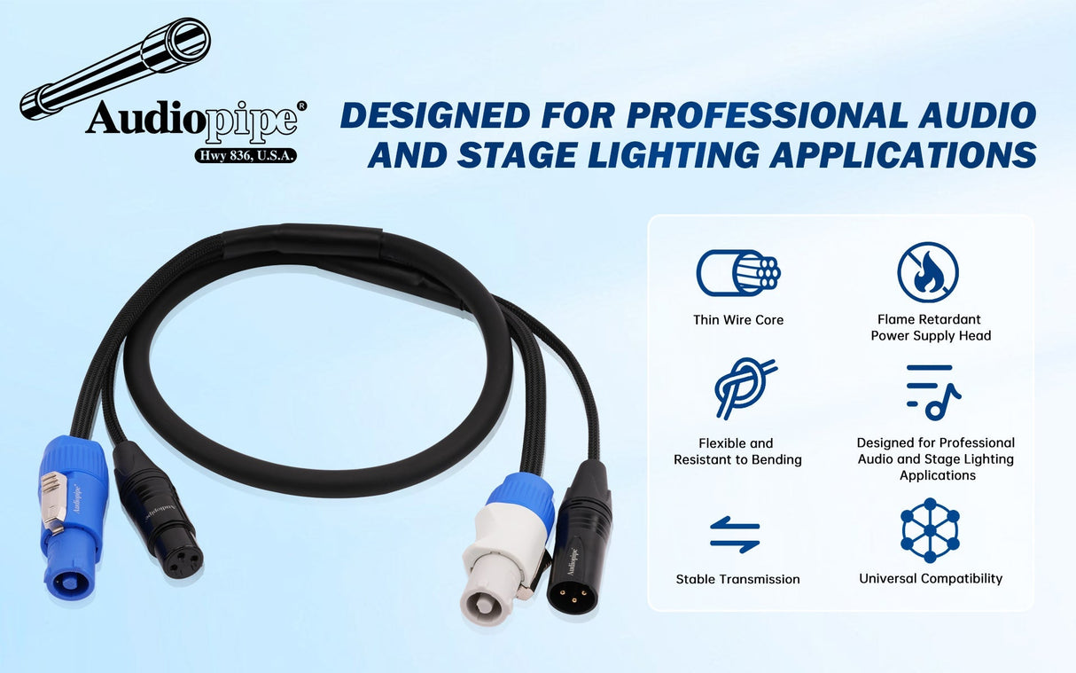 12Ft DMX Extension Cable with Power and XLR Connectors (EX-PWC-DMX-12) Audiopipe