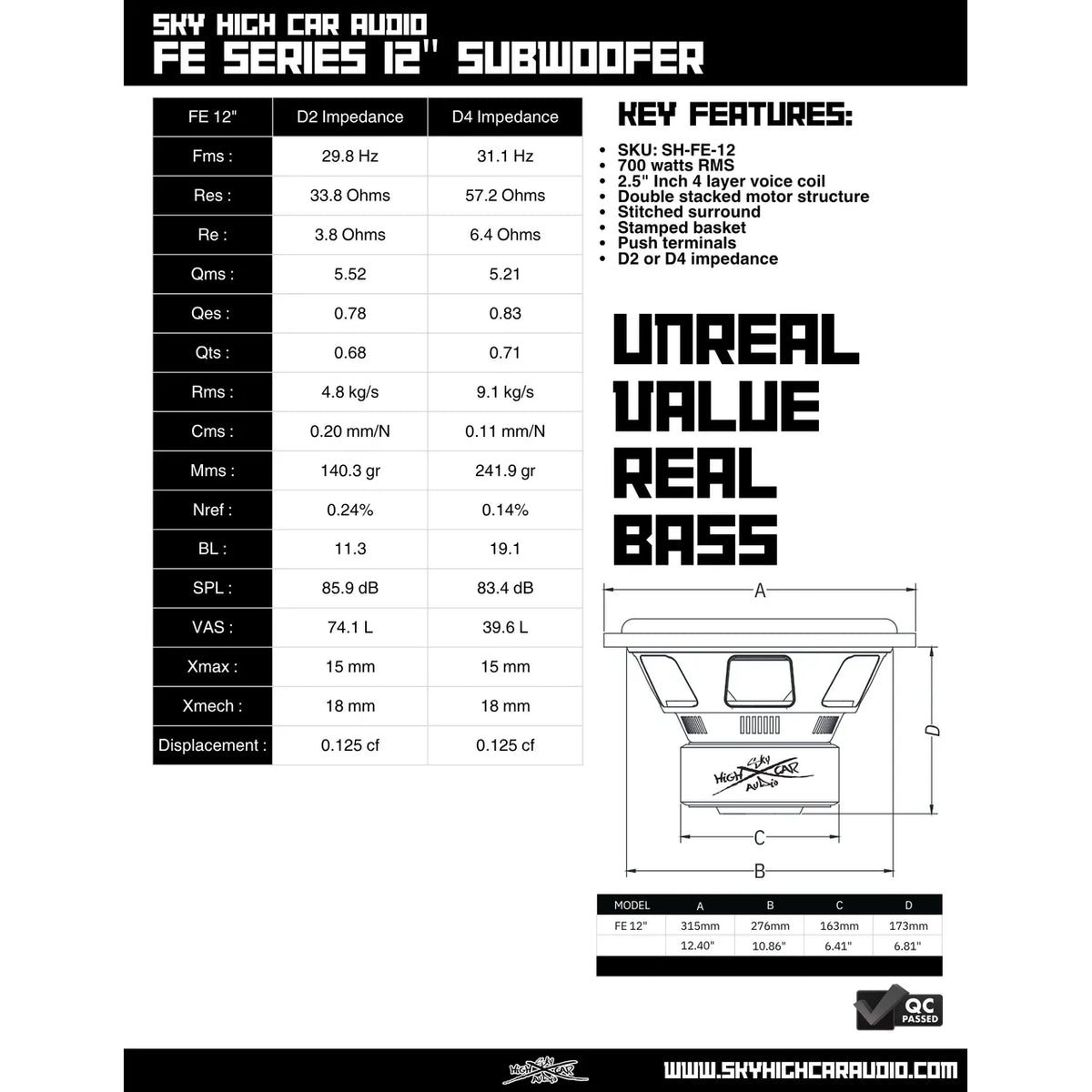 Sky High Car Audio FE 12" 700W RMS Subwoofer DVC