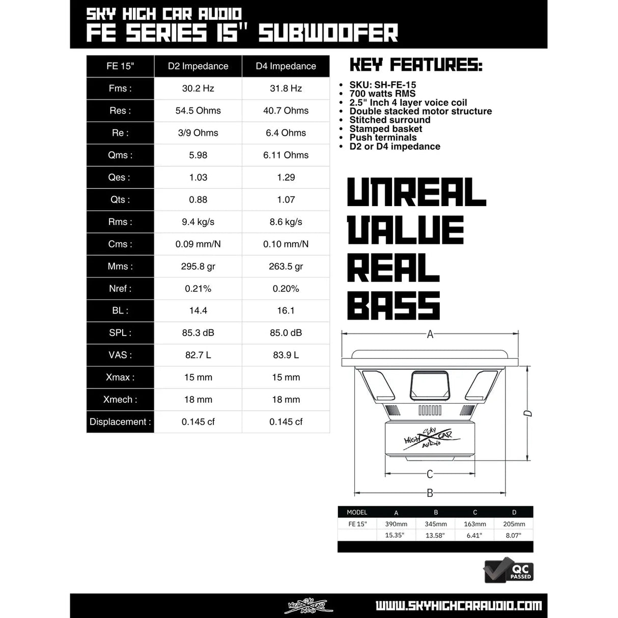 Sky High Car Audio FE 15" 700W RMS Subwoofer DVC Sky High Car Audio