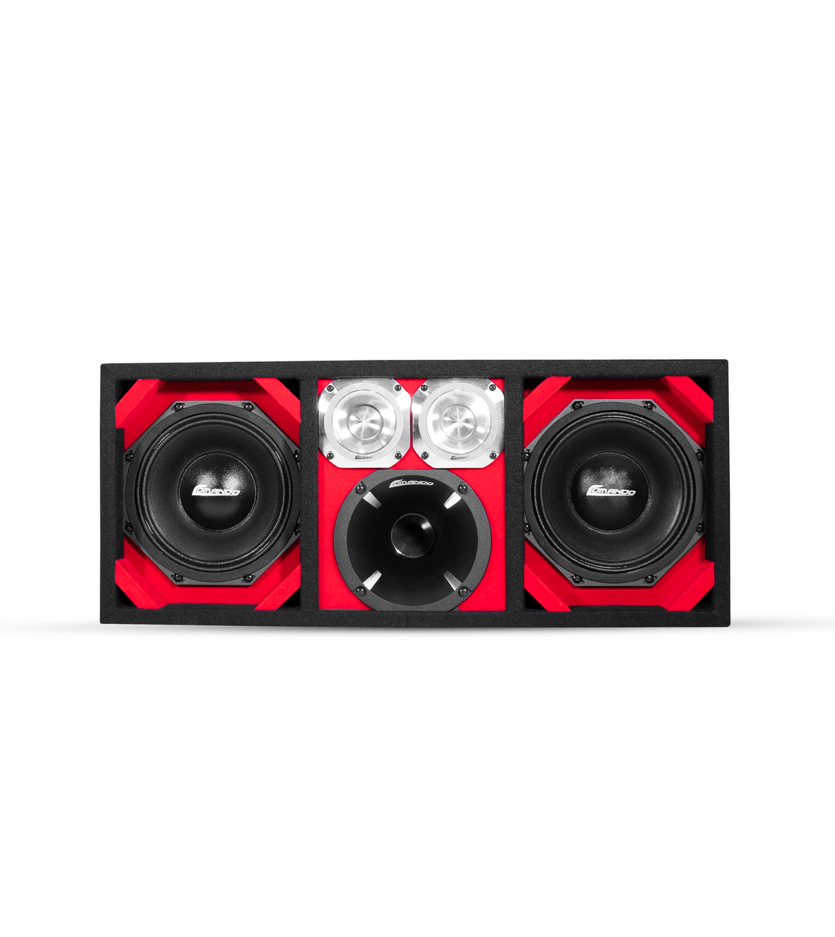 KTPON-208RED / DUAL 8'' RED/BLACK ENCLOSED LOADED PORTED BOX (Tweeters + Driver) Comando Audio Inc.
