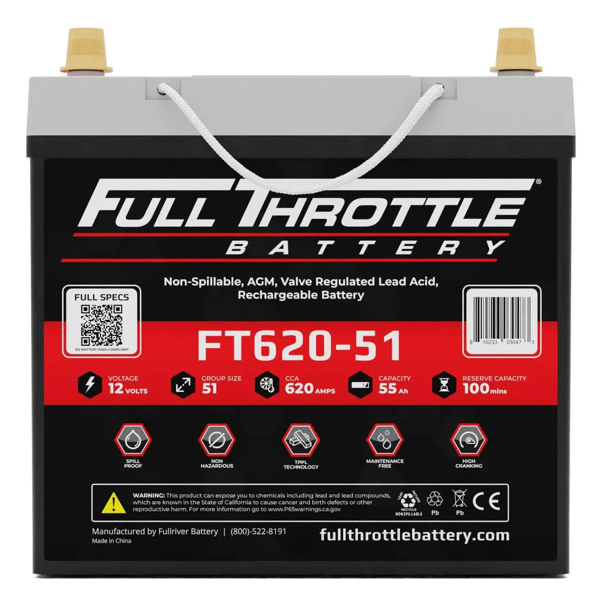 Full Throttle Battery FT620-51 High Performance AGM Battery