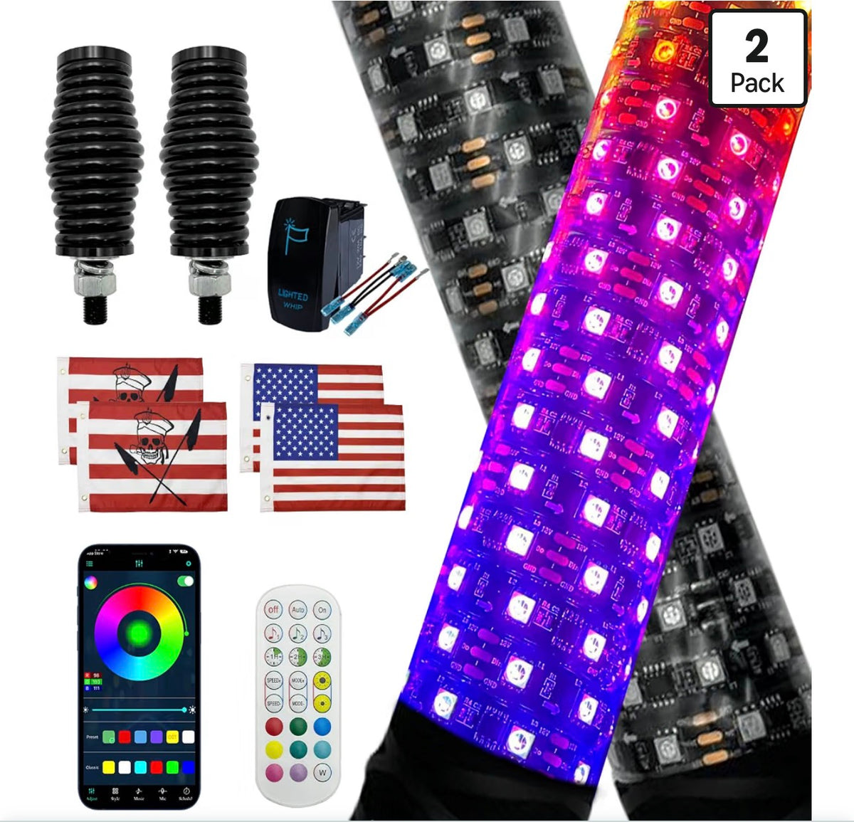 Fat Whip Lights 2ft LED with Spring Base, App & Remote