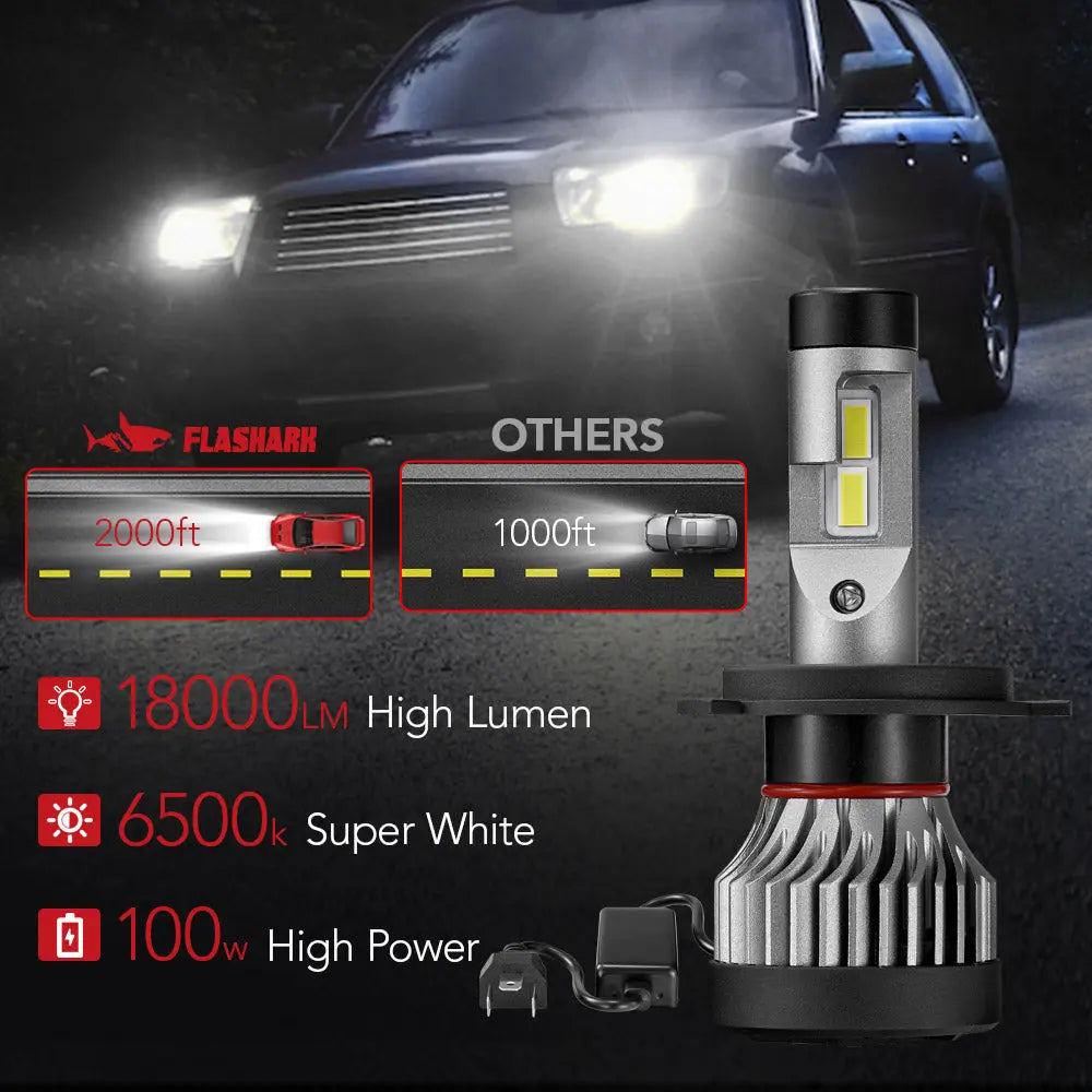 X2 H4/9003/HB2 100W 6500K 18000LM White IP67 LED Headlight Bulbs 2Pcs