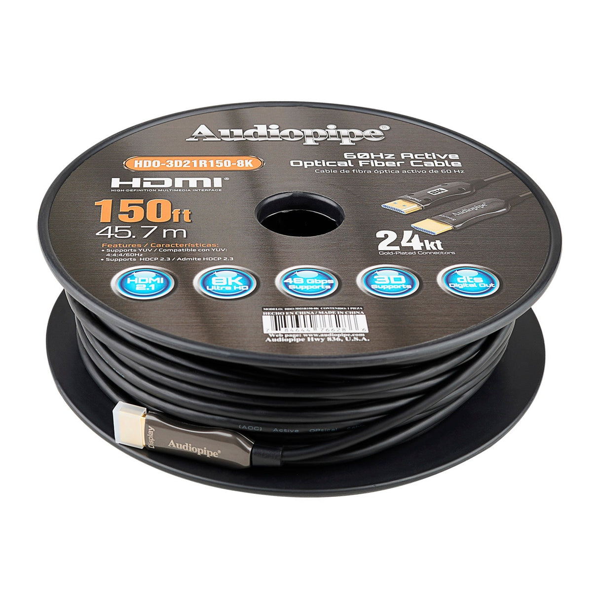 150Ft 8K Active Optical Fiber HDMI Cable (HDO-3D21R150-8K) Audiopipe