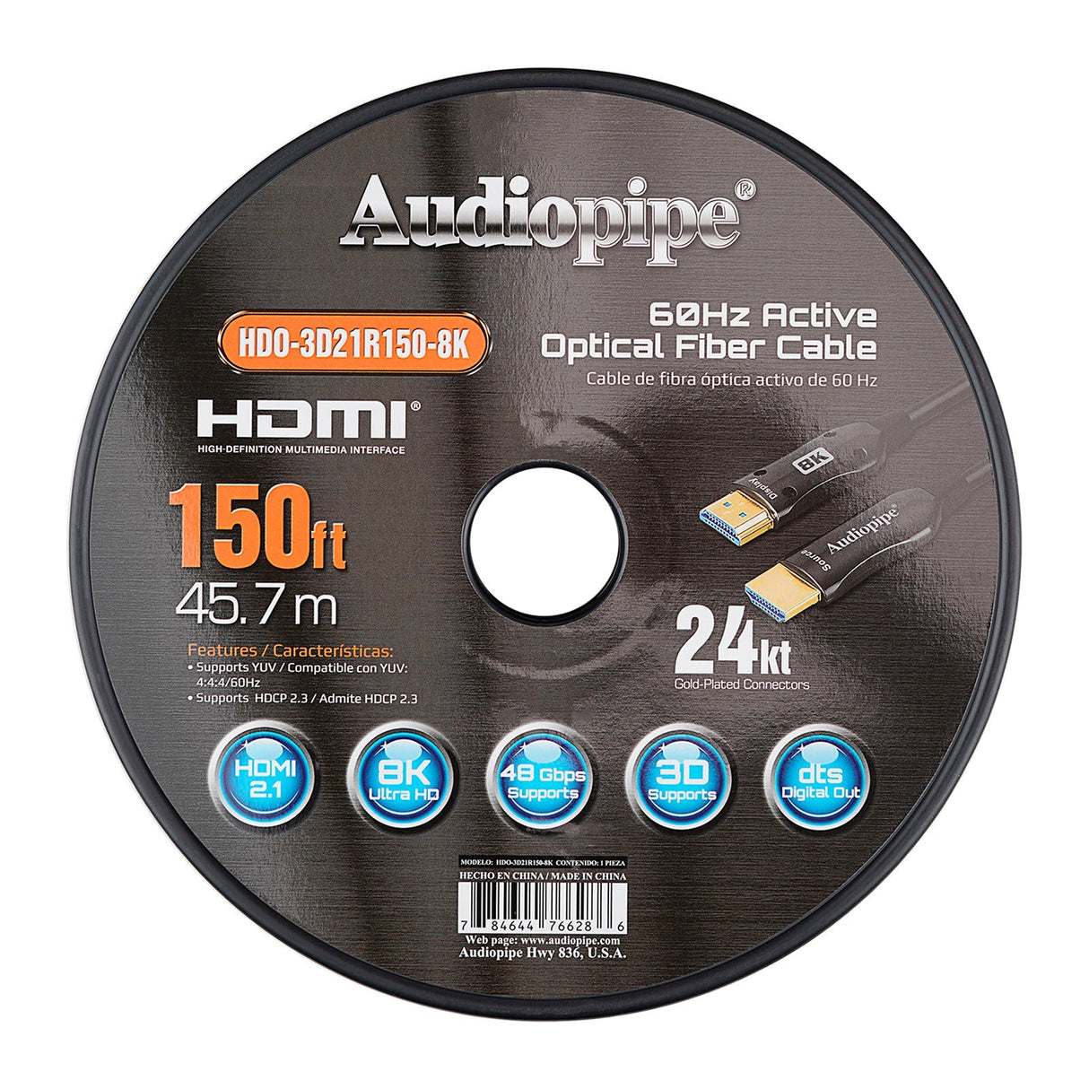 150Ft 8K Active Optical Fiber HDMI Cable (HDO-3D21R150-8K) Audiopipe