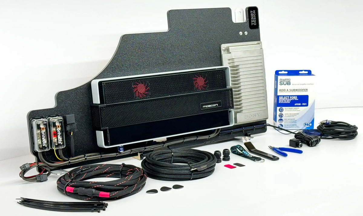 Mosconi-Gladen Loaded Subwoofer 2500wrms Amplifier Rack for Ford F-Series Vehicles (All Factory Systems including B&O Unleashed)