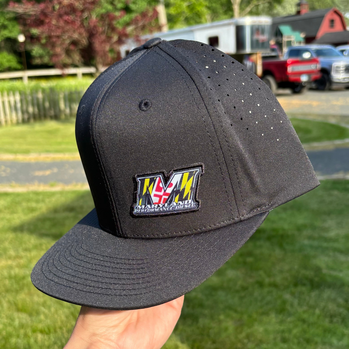 BLACK 6 PANEL - LASER PERFORATED PERFORMANCE // FLAT BRIM SNAPBACK Maryland Performance Products