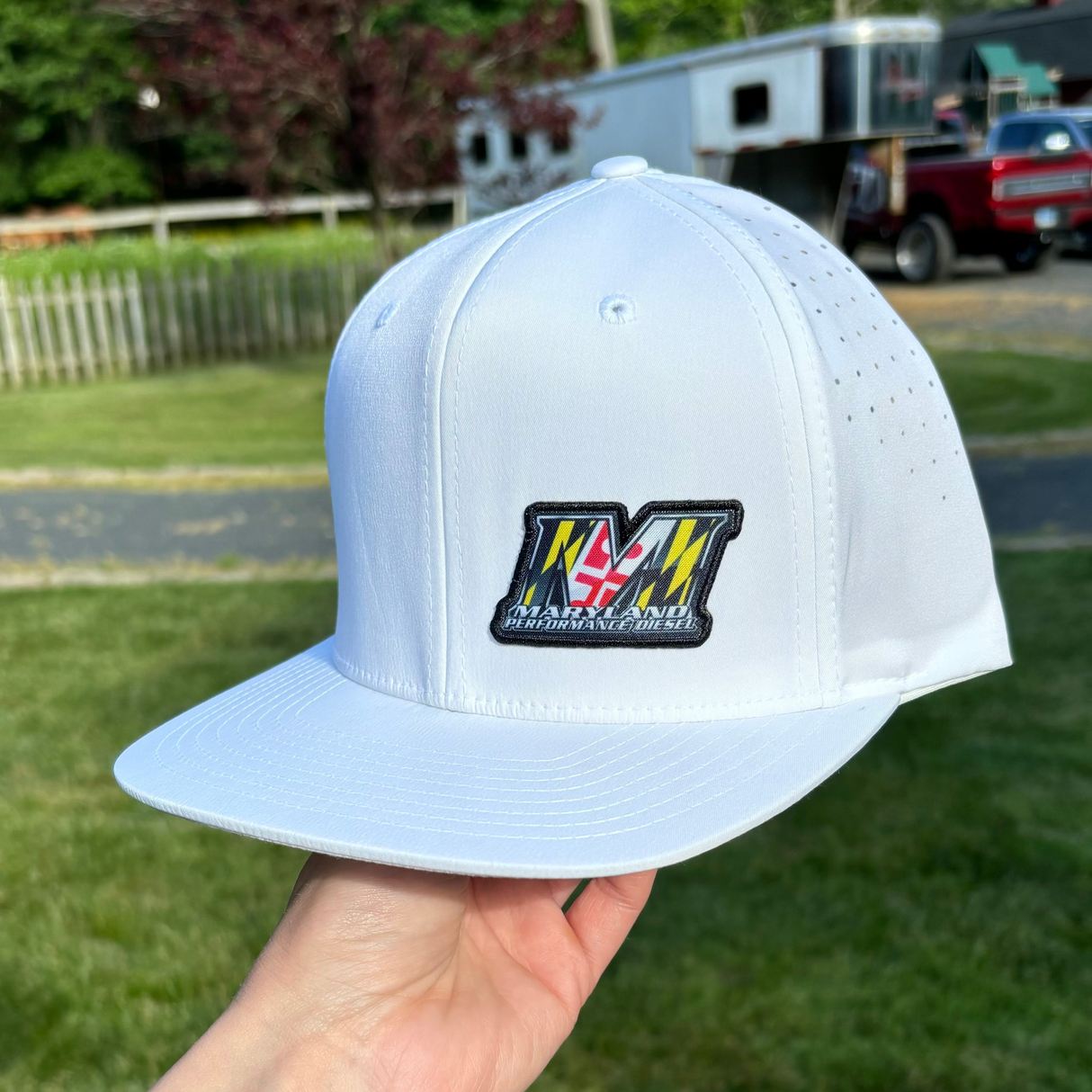 WHITE 6 PANEL - LASER PERFORATED PERFORMANCE // FLAT BRIM SNAPBACK Maryland Performance Products