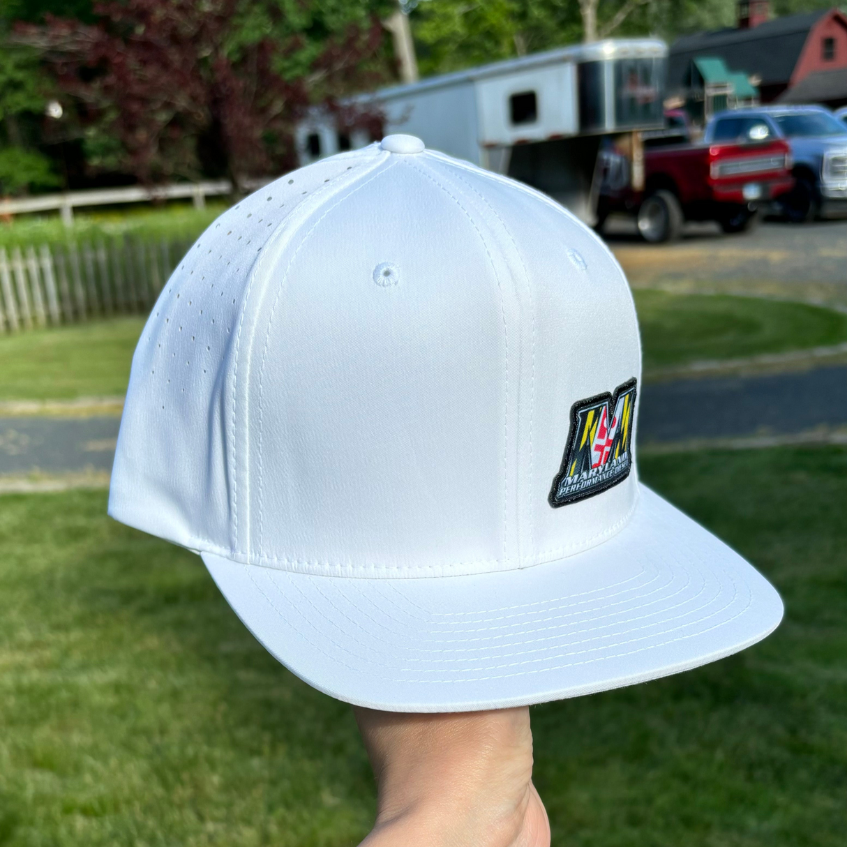 WHITE 6 PANEL - LASER PERFORATED PERFORMANCE // FLAT BRIM SNAPBACK Maryland Performance Products