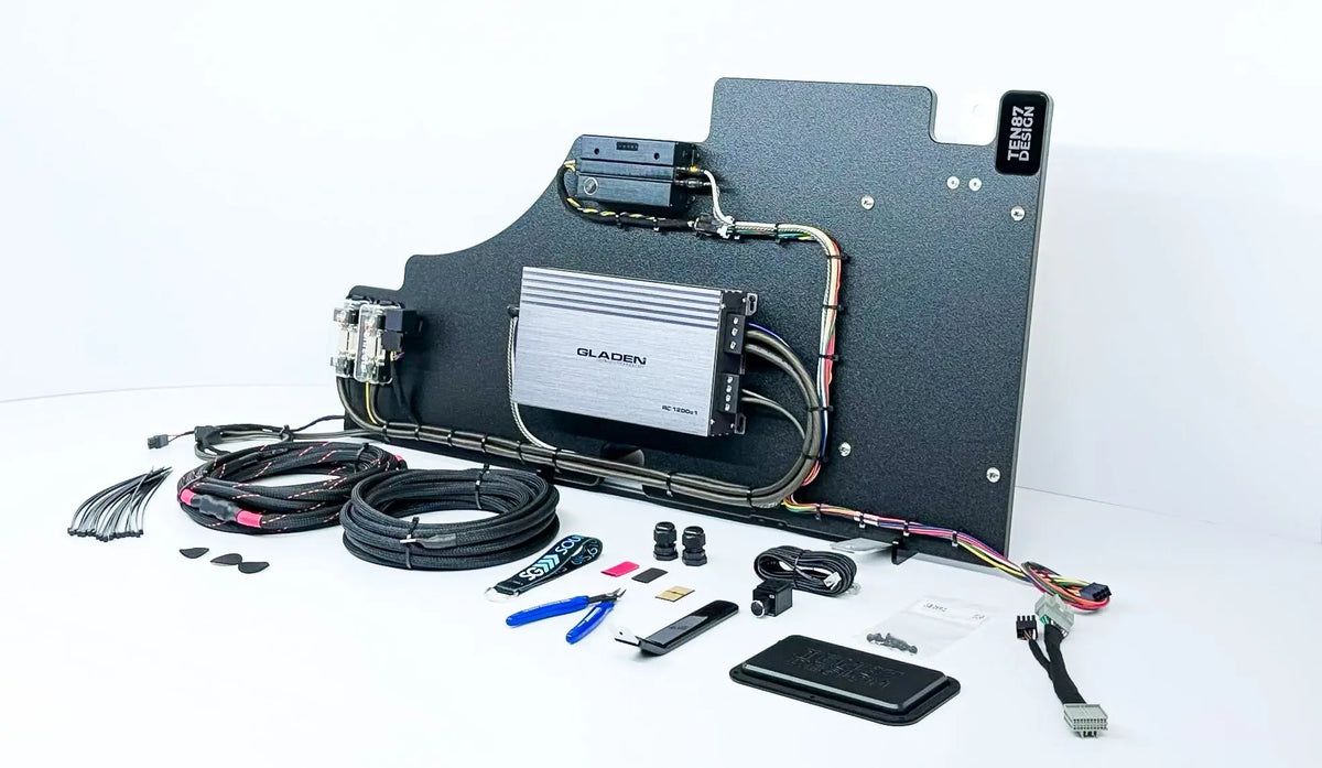 Mosconi-Gladen Loaded Subwoofer 1200wrms Amplifier Rack for Ford F-Series Vehicles (All Factory Systems including B&O Unleashed)