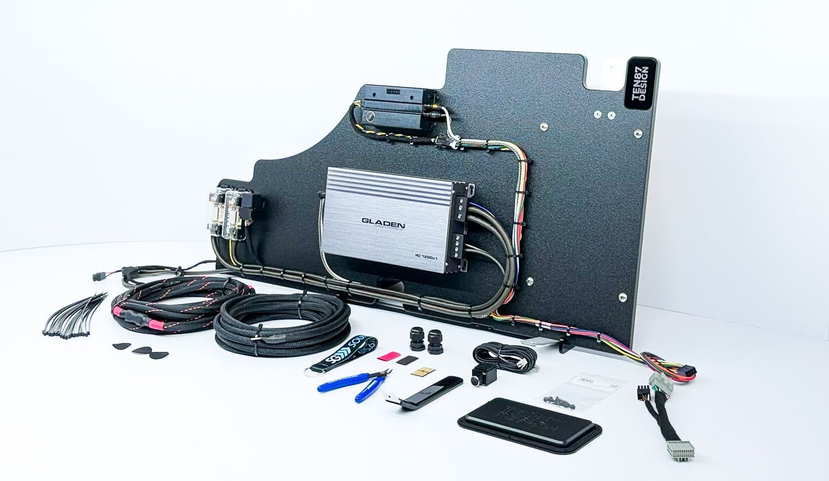Mosconi-Gladen Loaded Subwoofer 1200wrms Amplifier Rack for Ford 2023+ Super Duty and 2024+ F-150 Trucks
