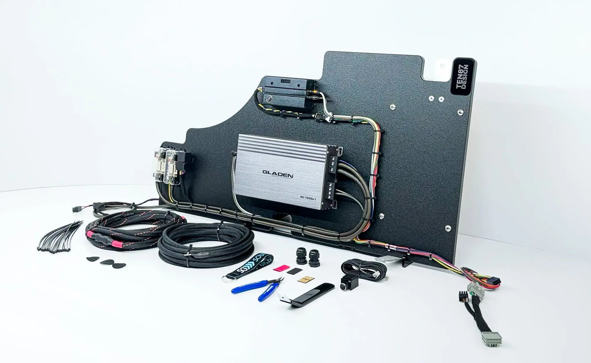 Mosconi-Gladen Loaded Subwoofer 1200wrms Amplifier Rack for Ford F-Series Vehicles (All Factory Systems including B&O Unleashed)