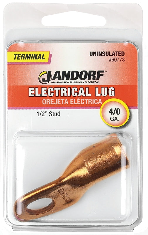 Jandorf Electrical Lug, 4/0 AWG Wire, 1/2 in Stud, Copper Contact, Brown #60778 Jandorf