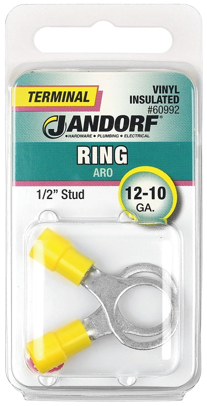 Jandorf Ring Terminal, 12 to 10 AWG Wire, 1/2 in Stud, Yellow #60992 Jandorf