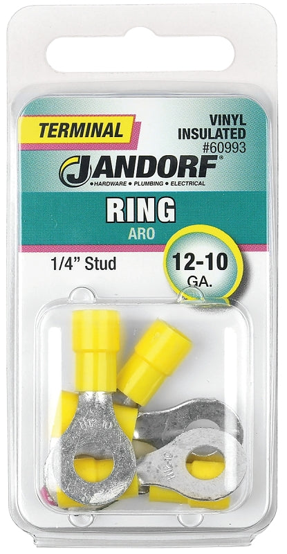 Jandorf Ring Terminal, 12 to 10 AWG Wire, 1/4 in Stud, Yellow #60993 Jandorf