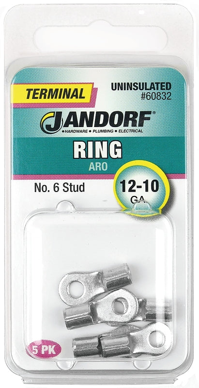 Jandorf Ring Terminal, 12 to 10 AWG Wire, Copper Contact, Tin Contact Coating, #6 Stud #60832 Jandorf