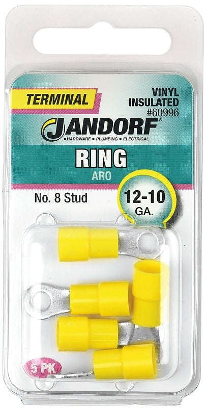 Jandorf Ring Terminal, 12 to 10 AWG Wire, Vinyl Insulation, Copper Contact, Tin Contact Coating, #8 Stud, Yellow #60996 Jandorf